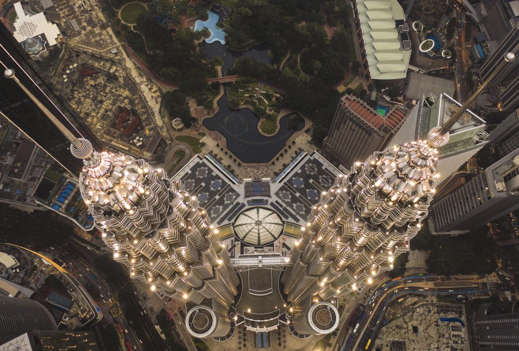 Drone Shot of Petronas Towers in Kuala Lumpur, Malaysia